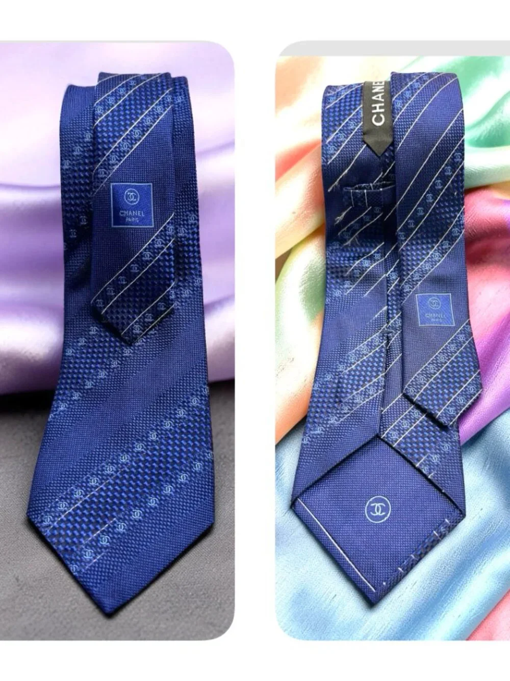 Classic Chanel Paris 100% Silk Necktie Blue Striped Logo Printed Italy Made(2) - Picture 3 of 15